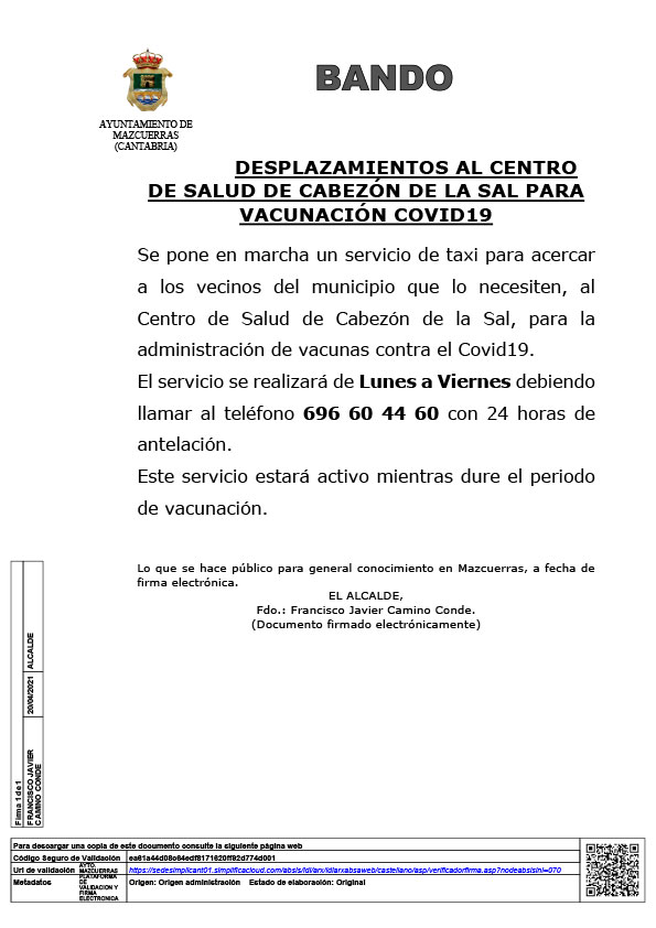 Bando: Desplazamientos al Centro de Salud de Cabezón de la Sal para vacunación Covid19